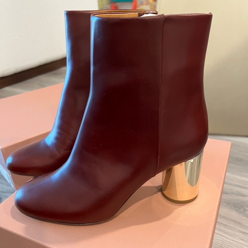 NIB Sezane Burgundy Leather Lea Gold Heel Boots FR 38 US 7